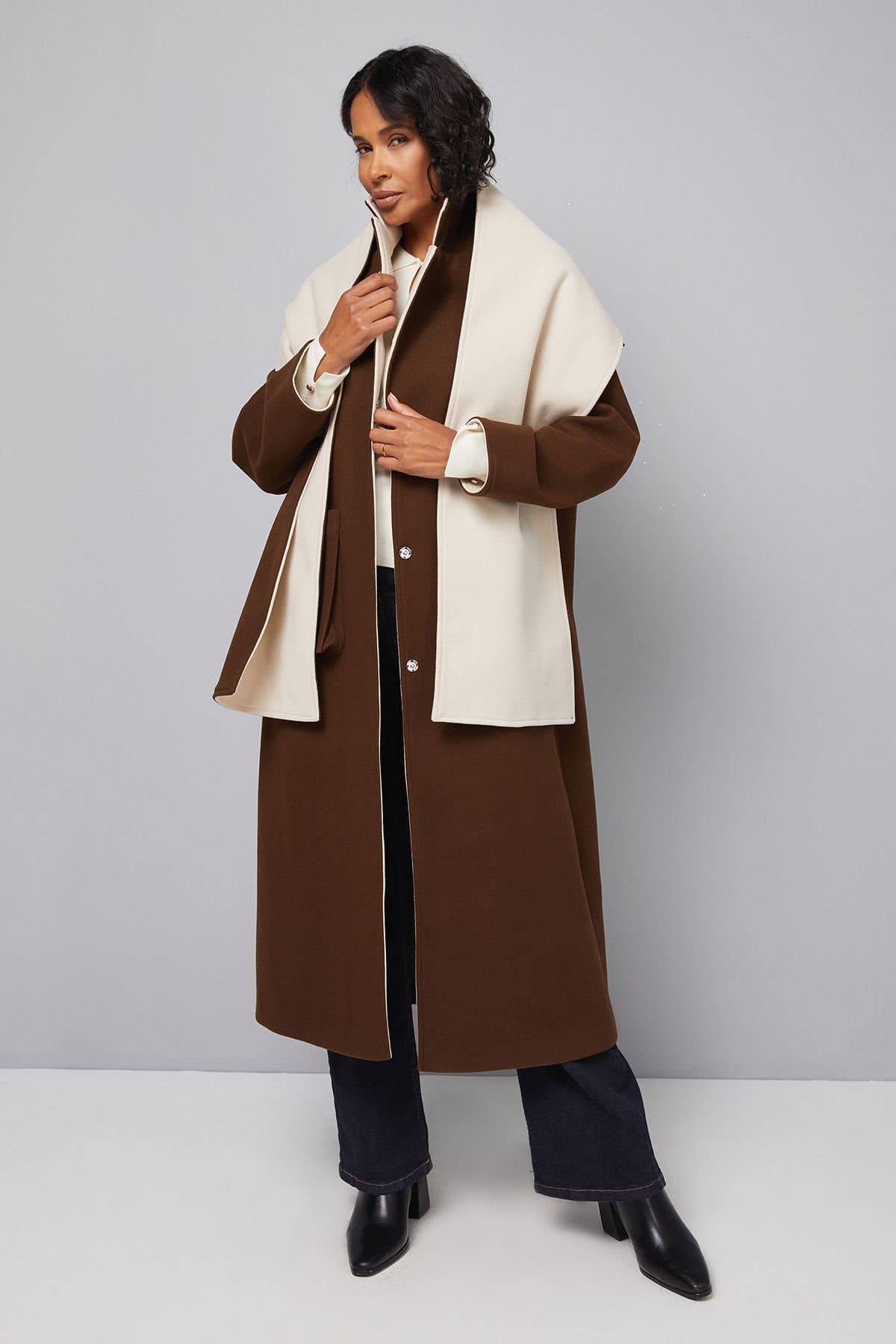 Wallis Wallis Chocolate Double Faced Scarf Detail Coat