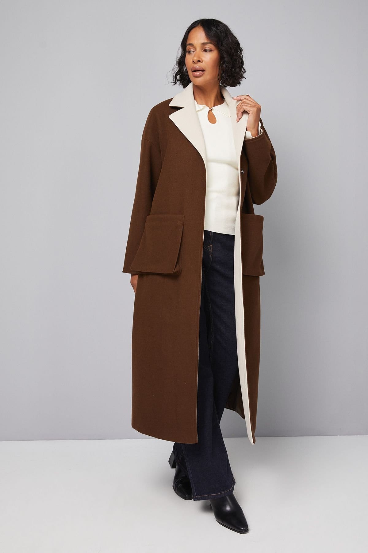 Wallis Wallis Women's Double Faced Scarf Detail Coat in Chocolate - 4