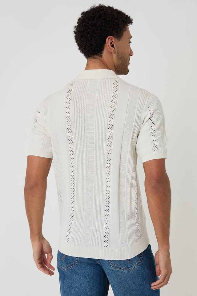 Threadbare threadbare Men's Cotton Textured Stripe Knitted Polo in Natural - 2