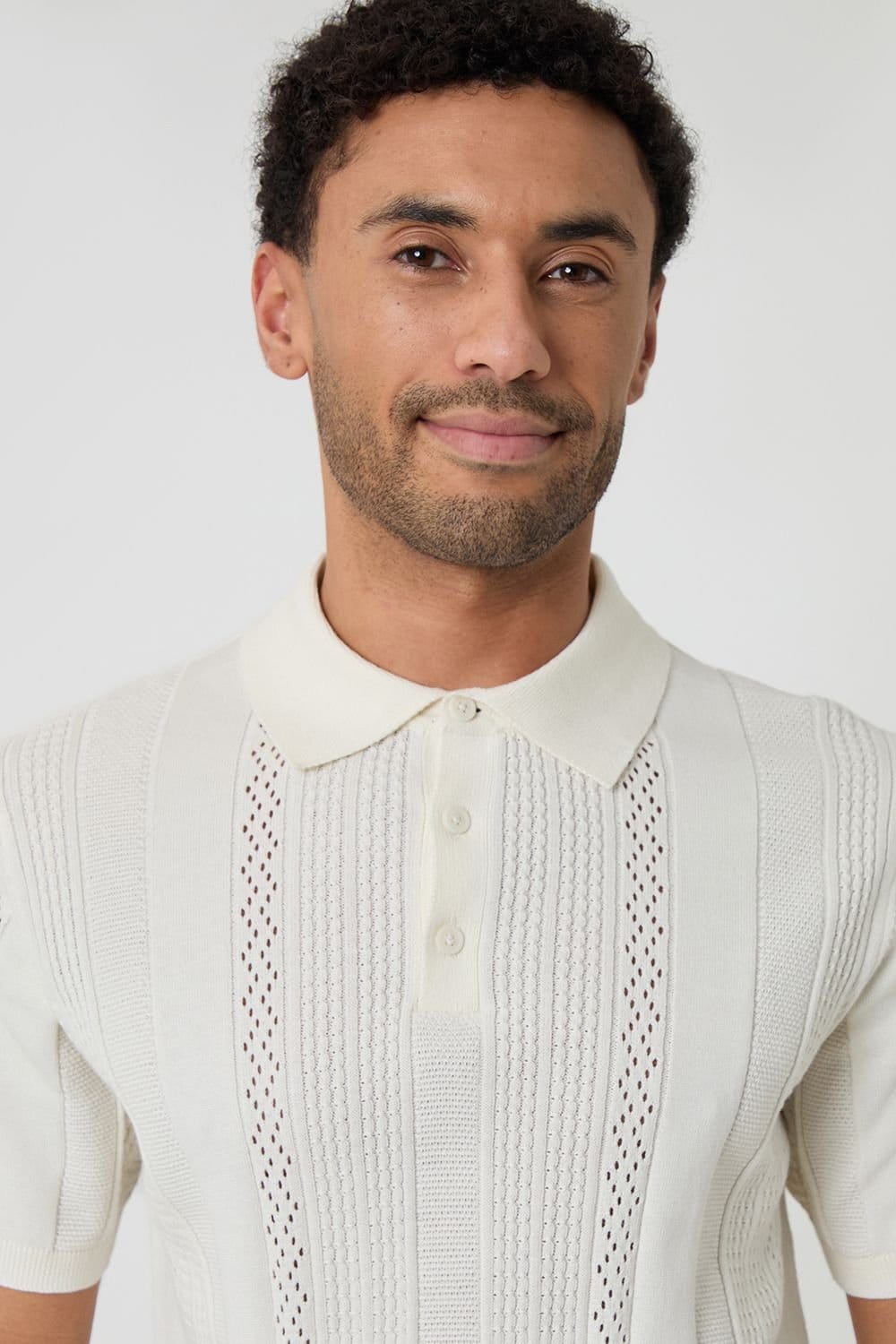 Threadbare threadbare Men's Cotton Textured Stripe Knitted Polo in Natural - 4