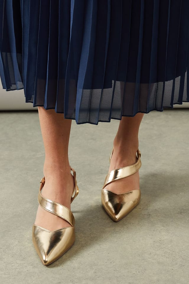Wallis Wallis Women's Wide Fit Evelyn Asymmetric Slingback Kitten Heel Court Shoes in Gold - 2