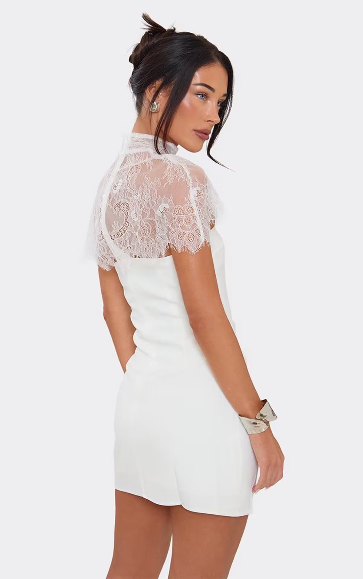 EGO High Neck Lace Cape Detail Bandeau Mini Dress In White, Women's Size UK 6