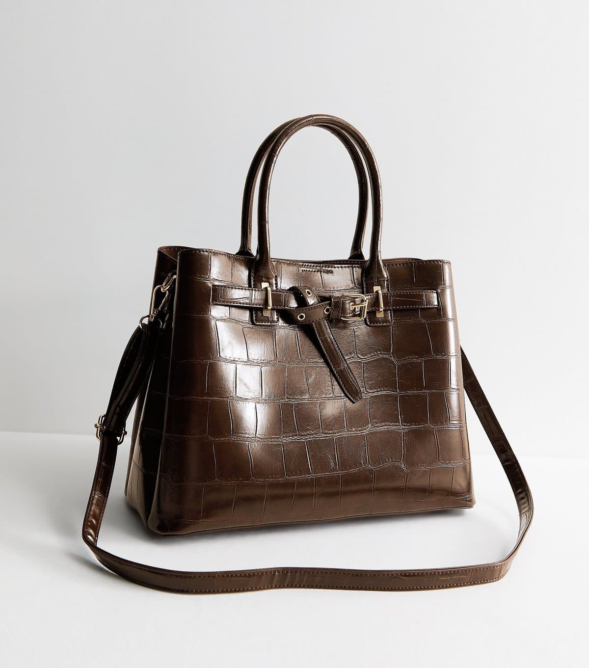 New Look Dark Brown Faux Leather Belted Crocodile Embossed Tote Bag New Look