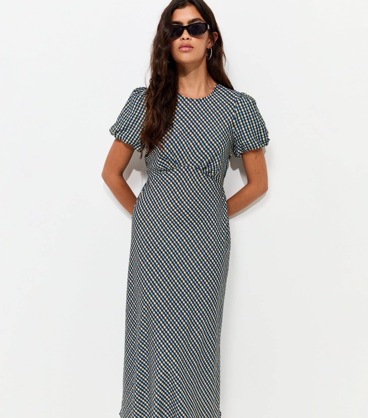 New Look Women's Blue Check Puff Sleeve Midi Dress New Look