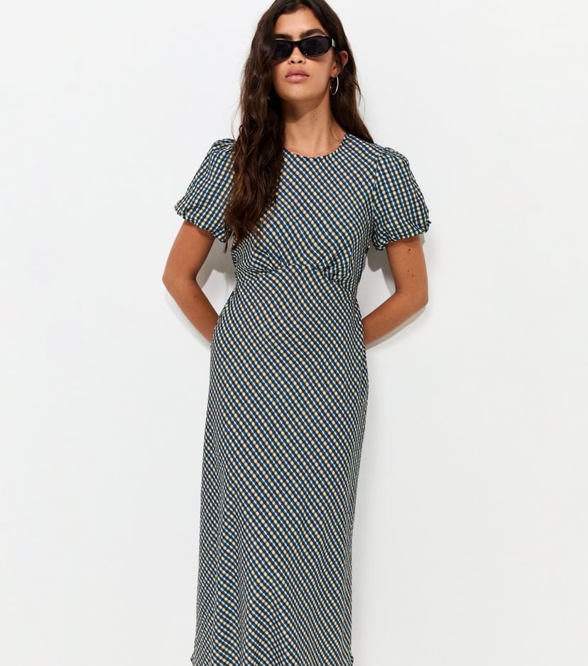 New Look Women's Blue Check Puff Sleeve Midi Dress New Look - 1