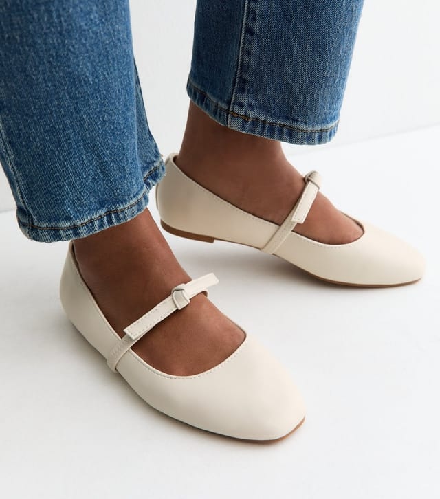 New Look Women's Wide Fit  Off White Faux Leather Bow Strap Mary Jane Flats Vegan New Look - 2