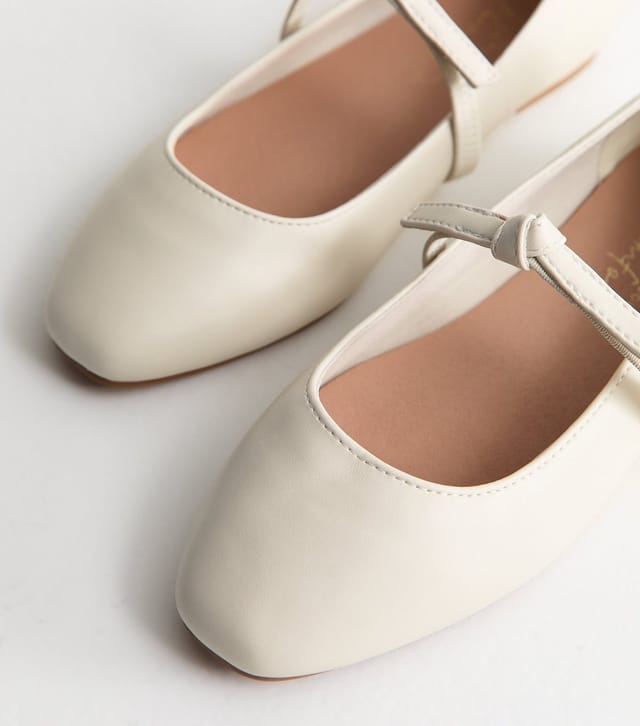 New Look Women's Wide Fit  Off White Faux Leather Bow Strap Mary Jane Flats Vegan New Look - 3