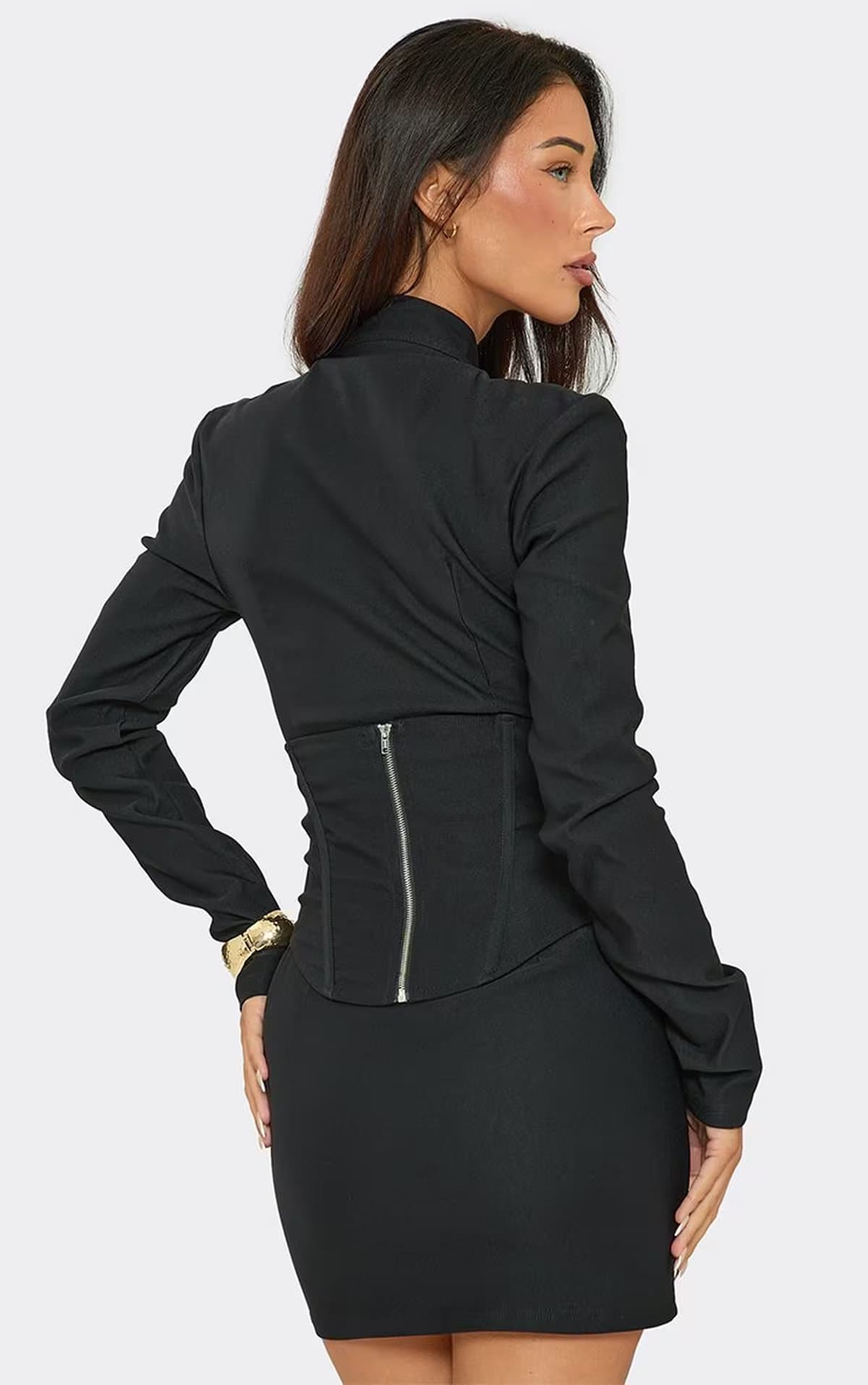 EGO Long Sleeve Tie Front Cut Out Corseted Mini Dress In Black, Women's Size UK 6