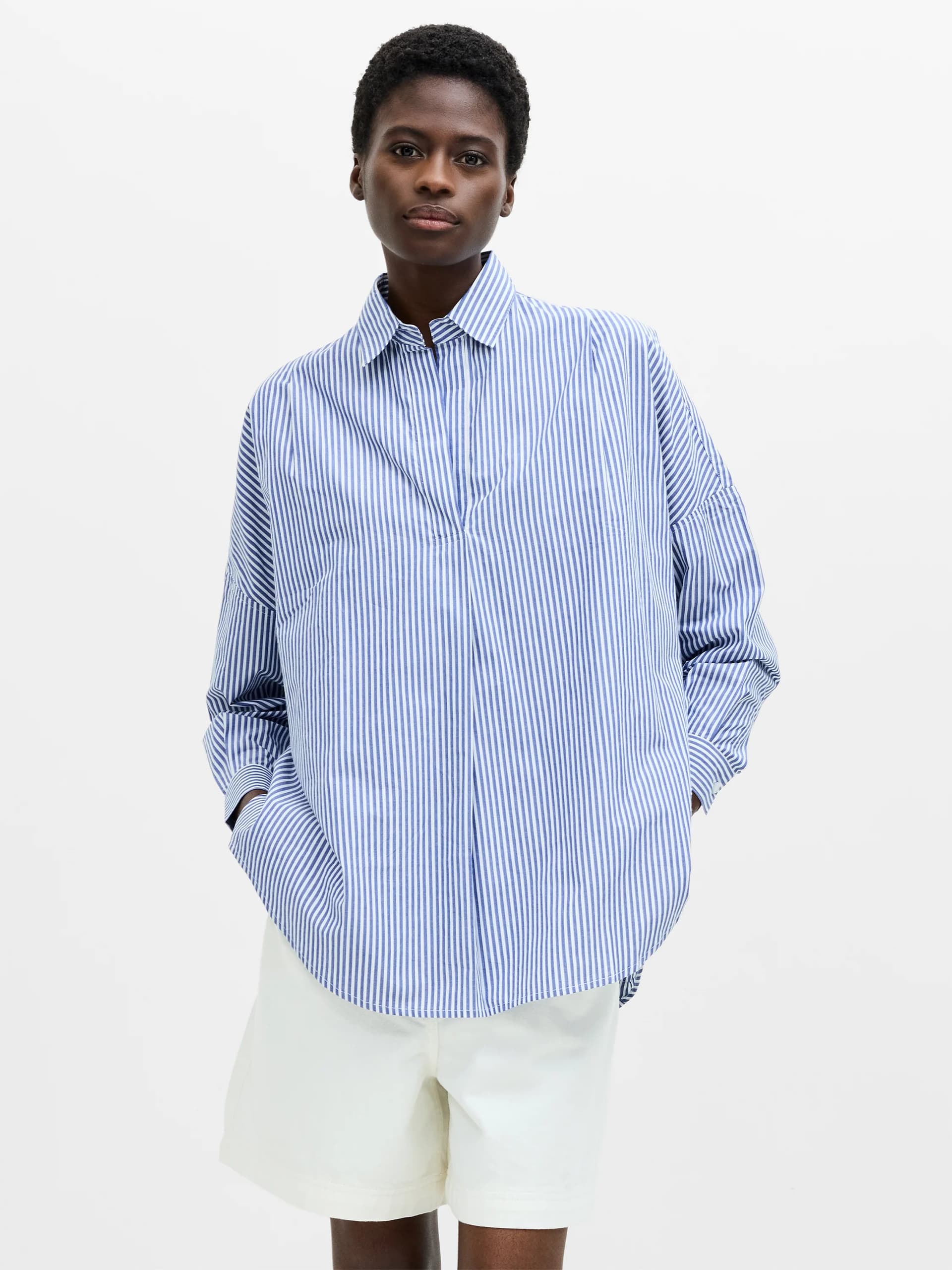French Connection Striped Poplin Long Sleeve Popover Shirt Blue/white