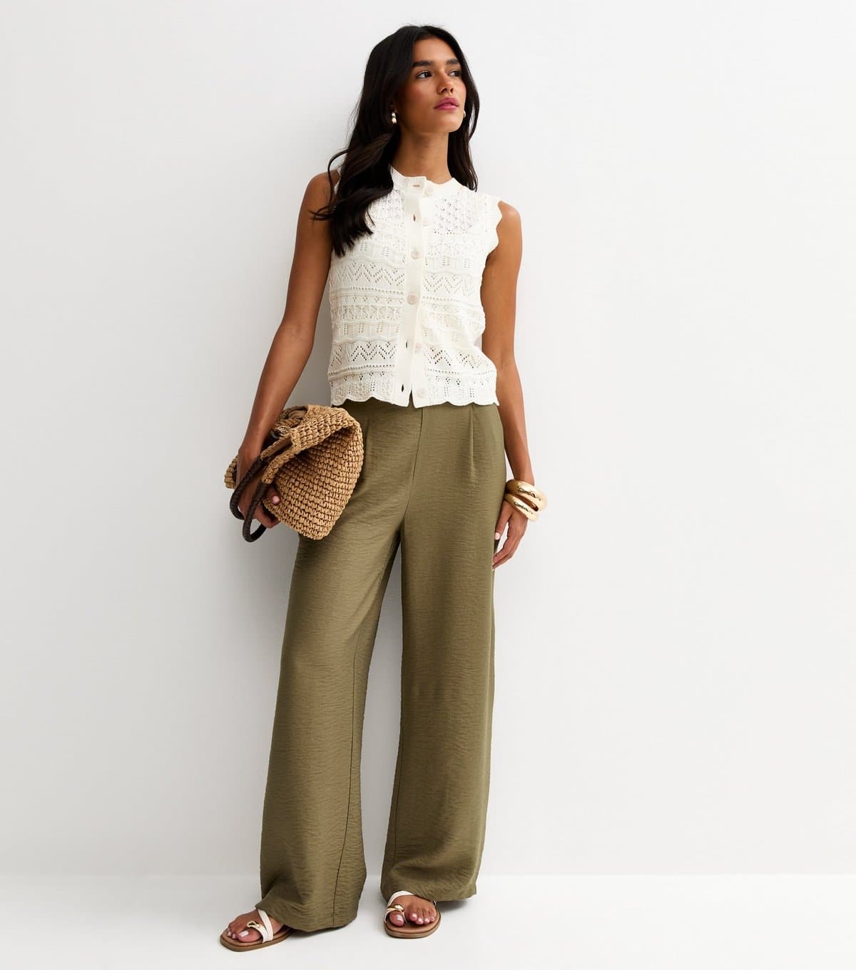 New Look New Look Dark Khaki Pull On Wide Leg Trousers