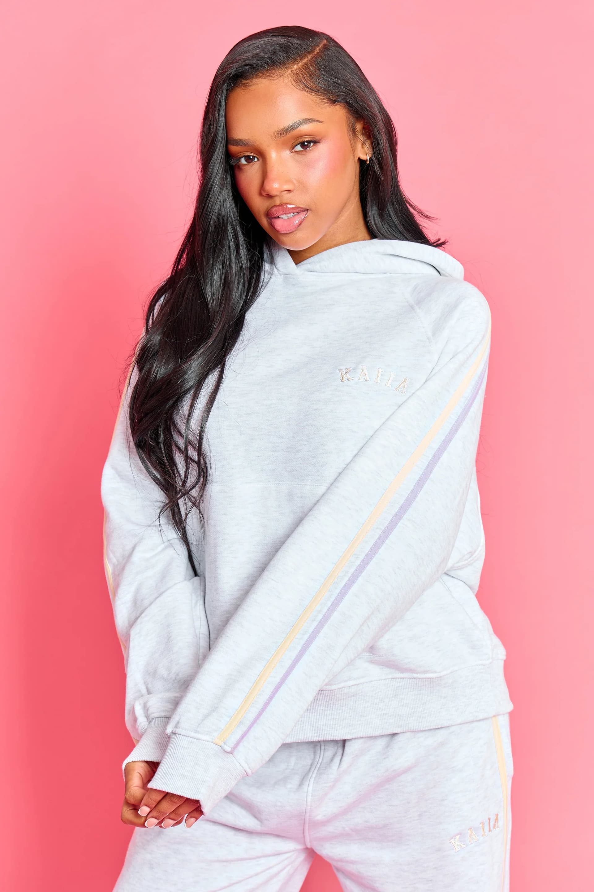 Kaiia Kaiia Sport Side Stripe Oversized Hoodie Light Grey Marl With Lemon & Lilac