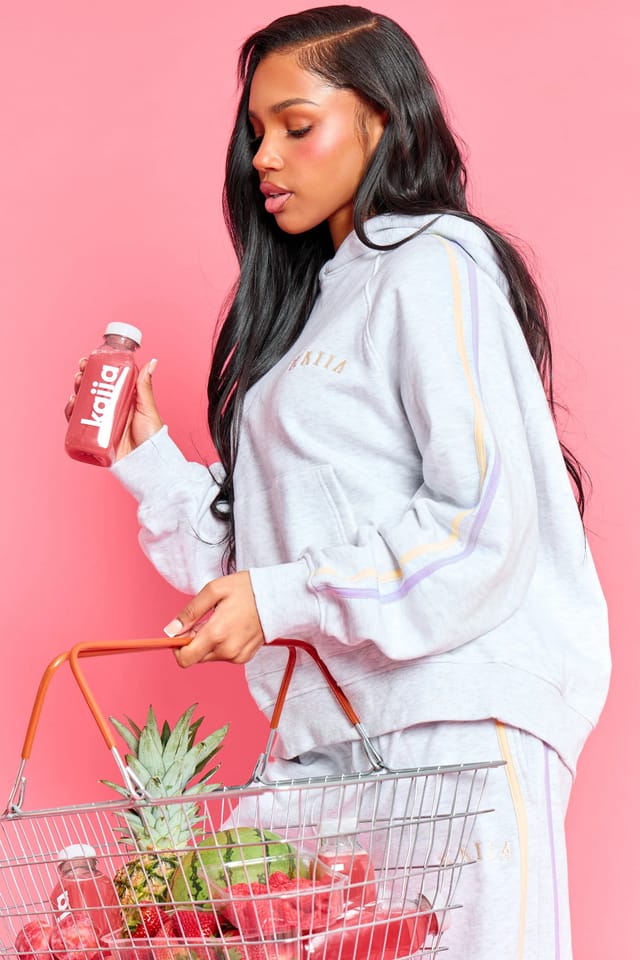 Kaiia Kaiia Sport Side Stripe Oversized Hoodie Light Grey Marl With Lemon & Lilac - 2