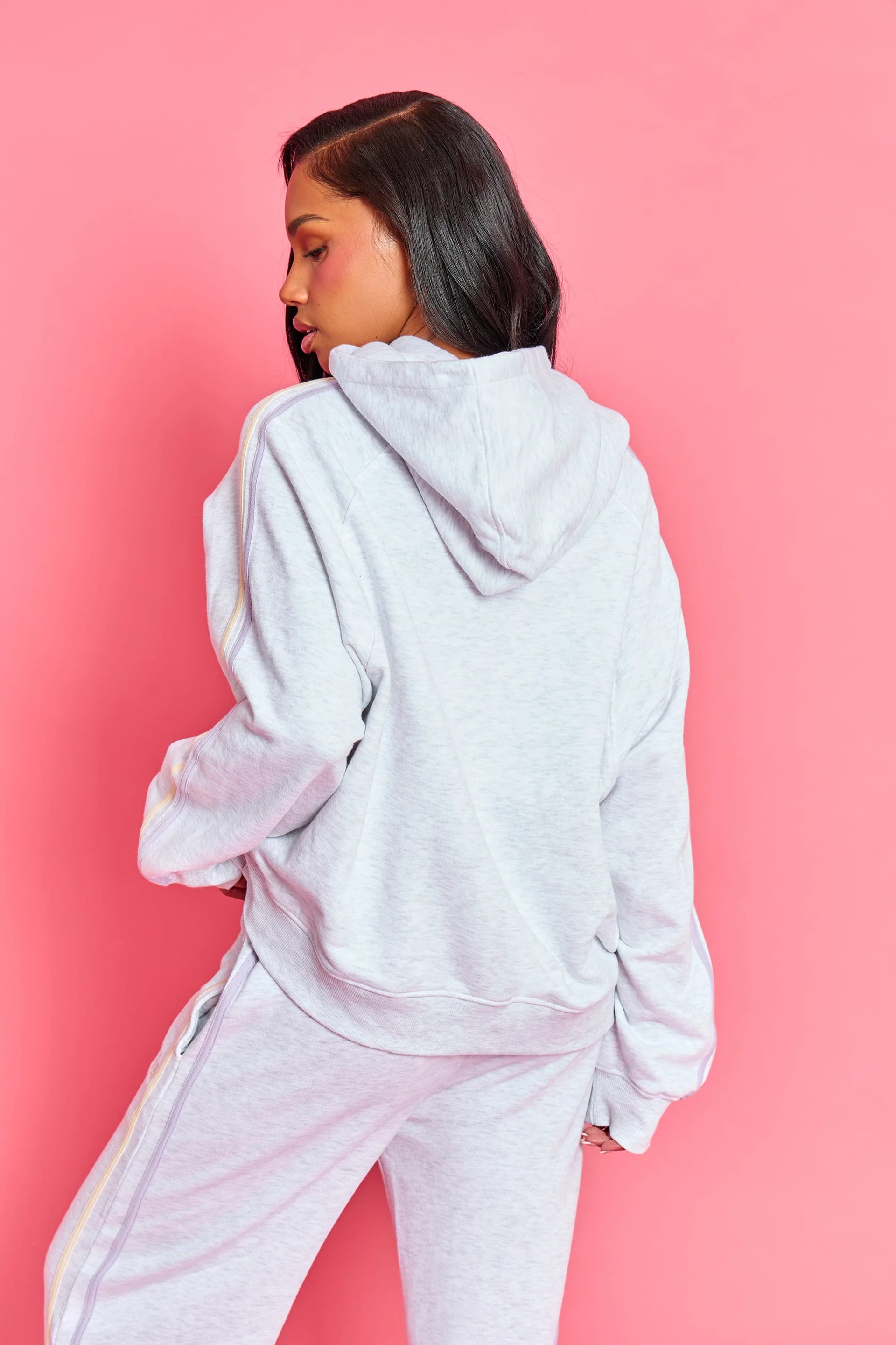 Kaiia Kaiia Sport Side Stripe Oversized Hoodie Light Grey Marl With Lemon & Lilac - 4