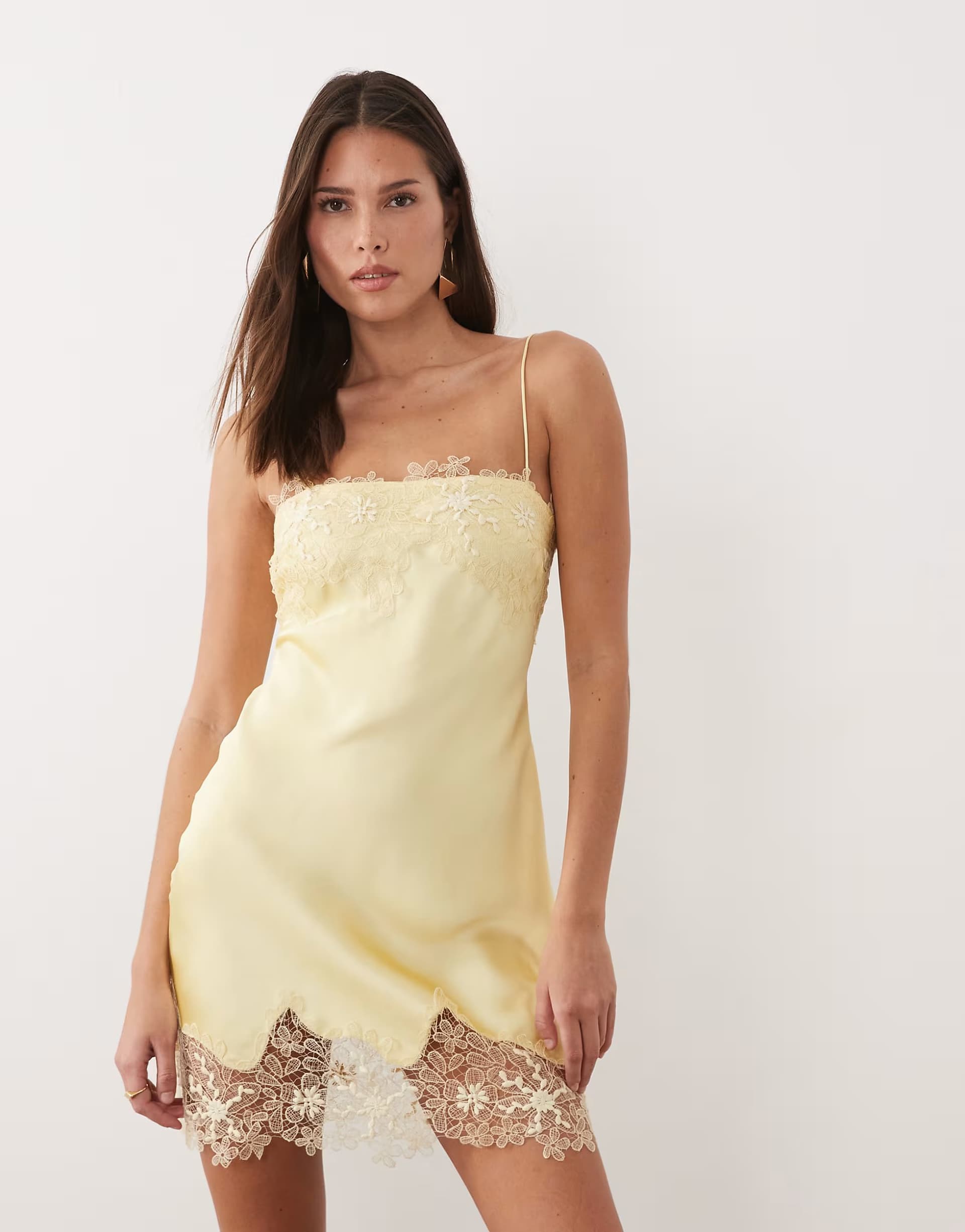 ASOS ASOS DESIGN satin bias lace applique mini dress in buttermilk yellow