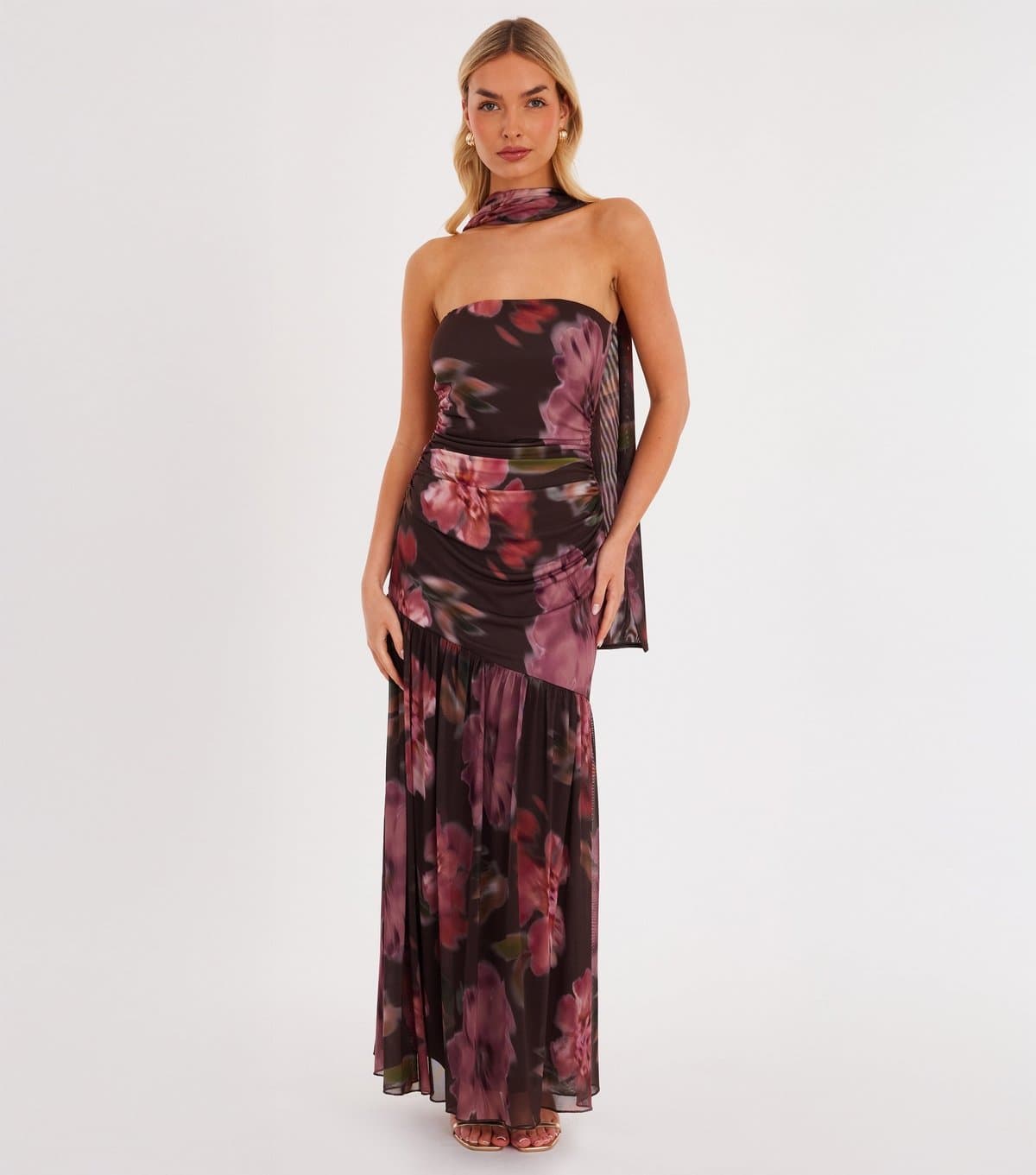 Quiz Women's Brown Floral Strapless Midaxi Dress with Scarf Quiz New Look