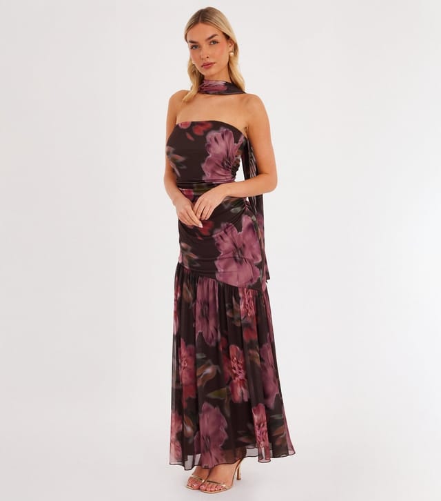 Quiz Women's Brown Floral Strapless Midaxi Dress with Scarf Quiz New Look - 2