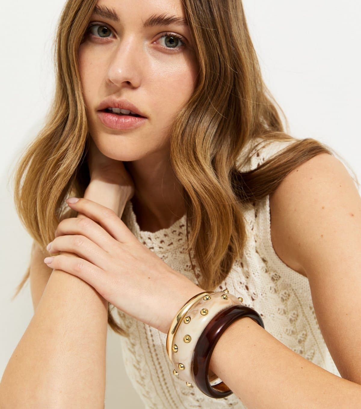 New Look Pack Of 3 Brown Resin Studded Gold Bangles New Look