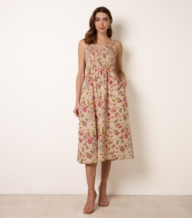 Blue Vanilla Women's Yellow Cotton Floral Shirred Midi Dress Blue Vanilla New Look - 3