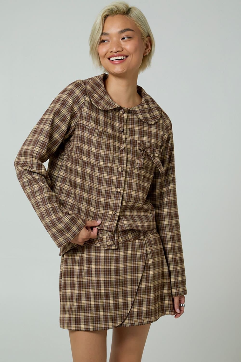 Neon Rose Neon Rose Women's Plaid Check Long Sleeve Bow Tie Cropped Jacket in Brown