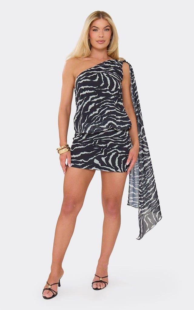 EGO One Shoulder Trim Detail Drape Blouson Mini Dress In Multi Animal Print, Women's Size UK 6 - 2