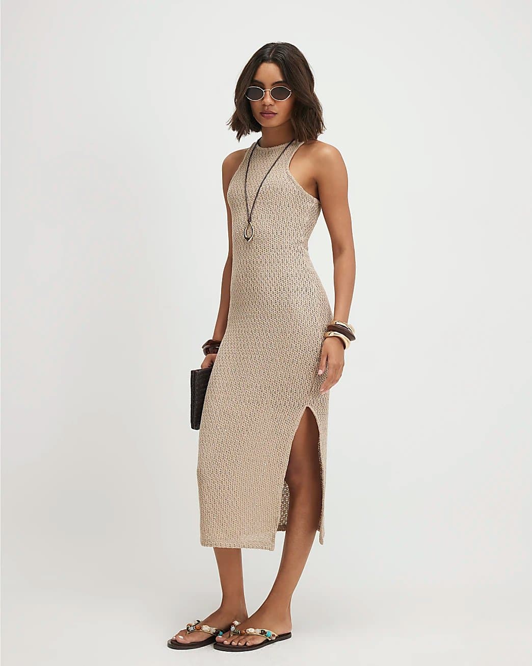 River Island River Island Womens Gold Sequin Crochet Midi Dress