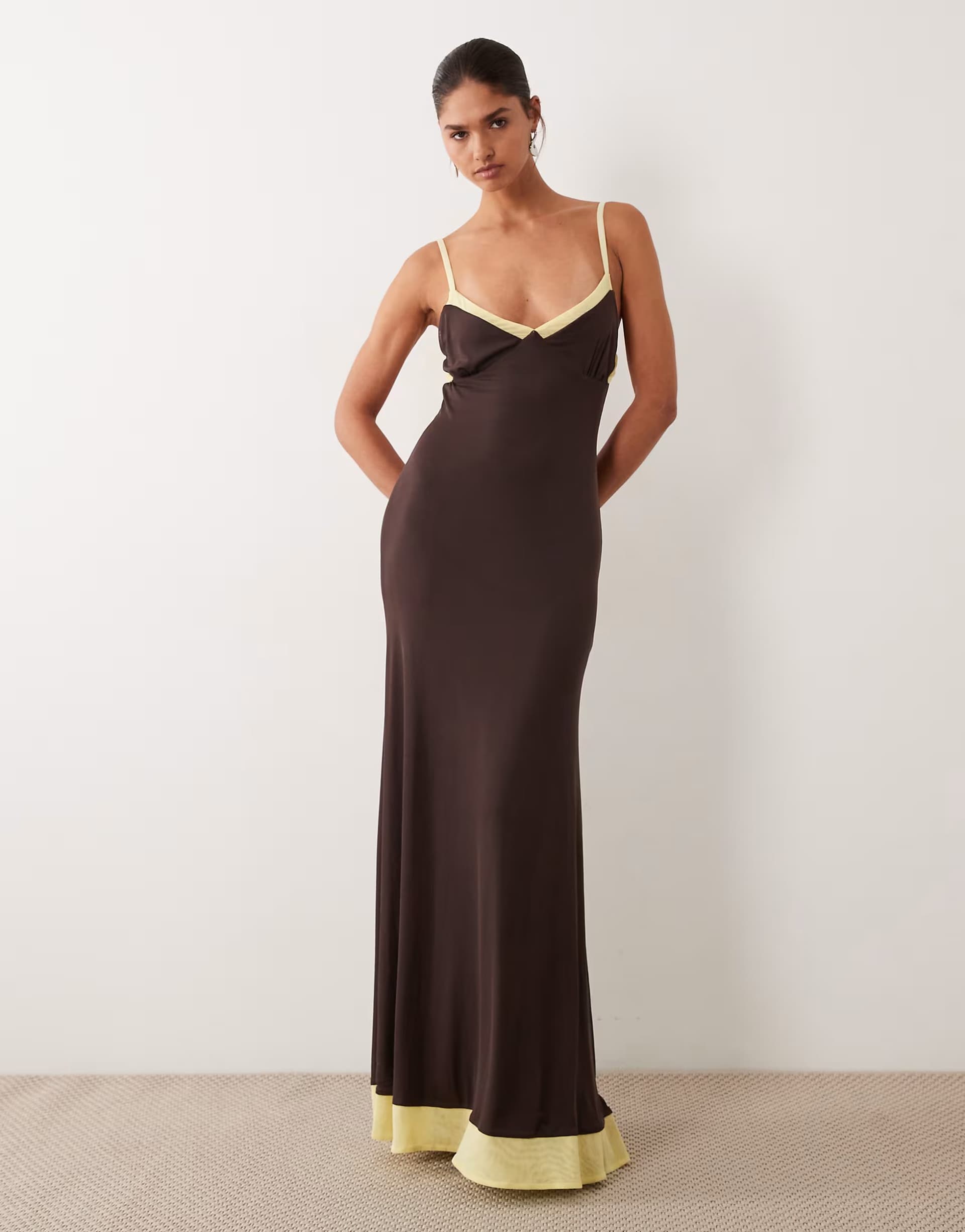 ASOS ASOS DESIGN mesh contrast cami maxi dress in chocolate