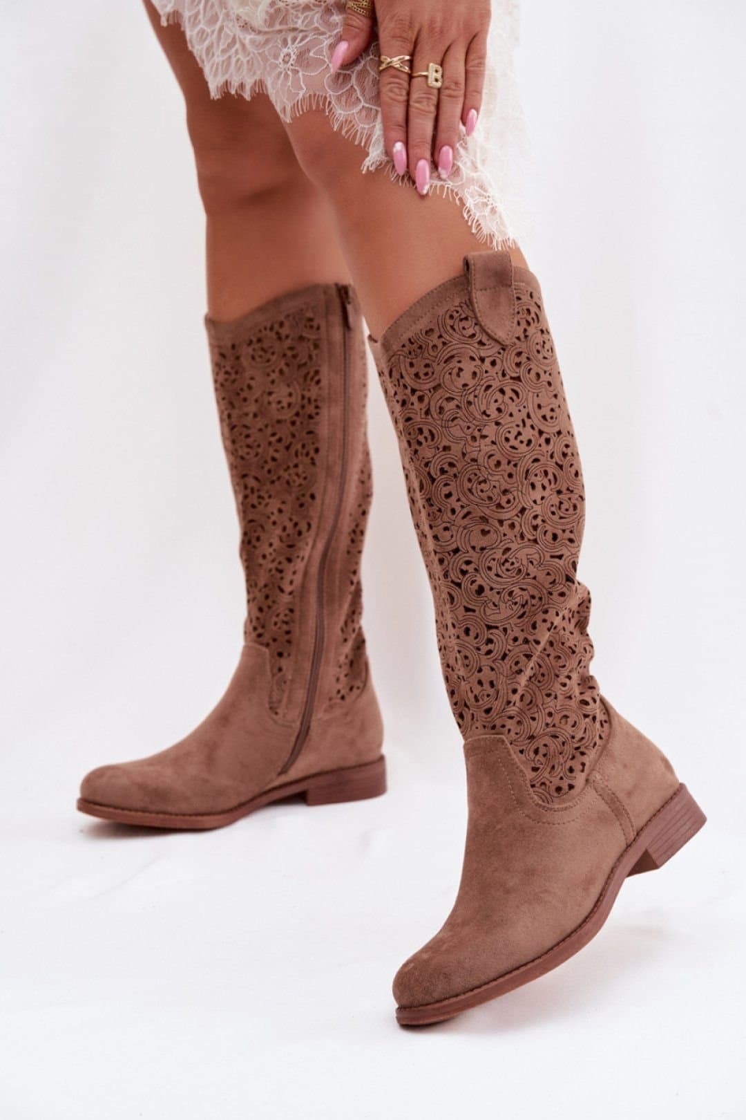 Love Lace Love Lace Women's Boho Cutout Boots Flat Heel Zipper Closure in Brown