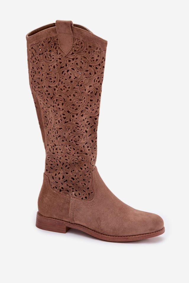 Love Lace Love Lace Women's Boho Cutout Boots Flat Heel Zipper Closure in Brown - 2