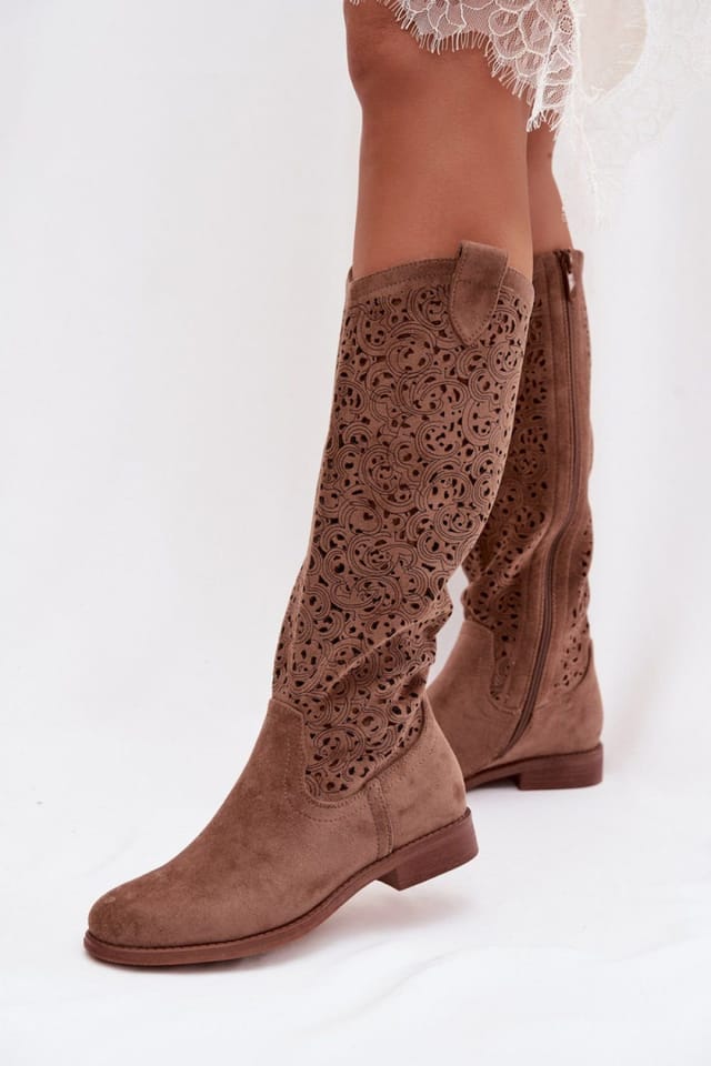 Love Lace Love Lace Women's Boho Cutout Boots Flat Heel Zipper Closure in Brown - 3