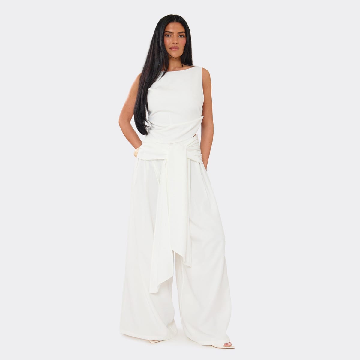 EGO Wrap Tie Waist Wide Leg Trousers In White Woven, Women's Size UK 6 - 1