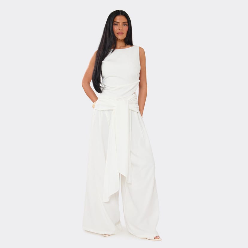 EGO Wrap Tie Waist Wide Leg Trousers In White Woven, Women's Size UK 6 - 1