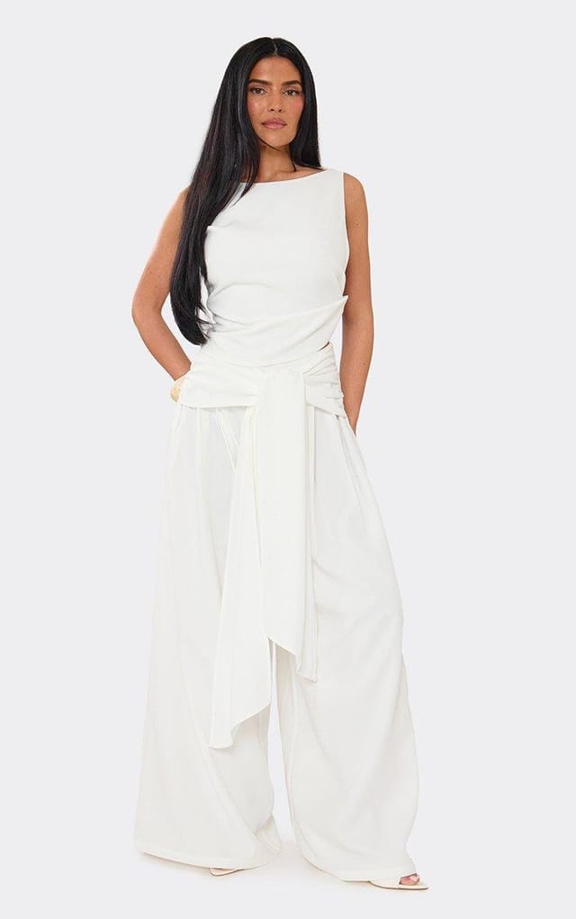 EGO Wrap Tie Waist Wide Leg Trousers In White Woven, Women's Size UK 6 - 2