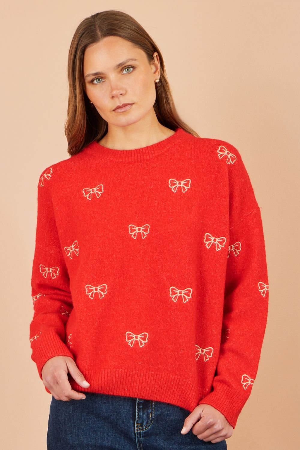 Yumi Yumi Women's Embroidered Bow Relaxed Jumper in Red