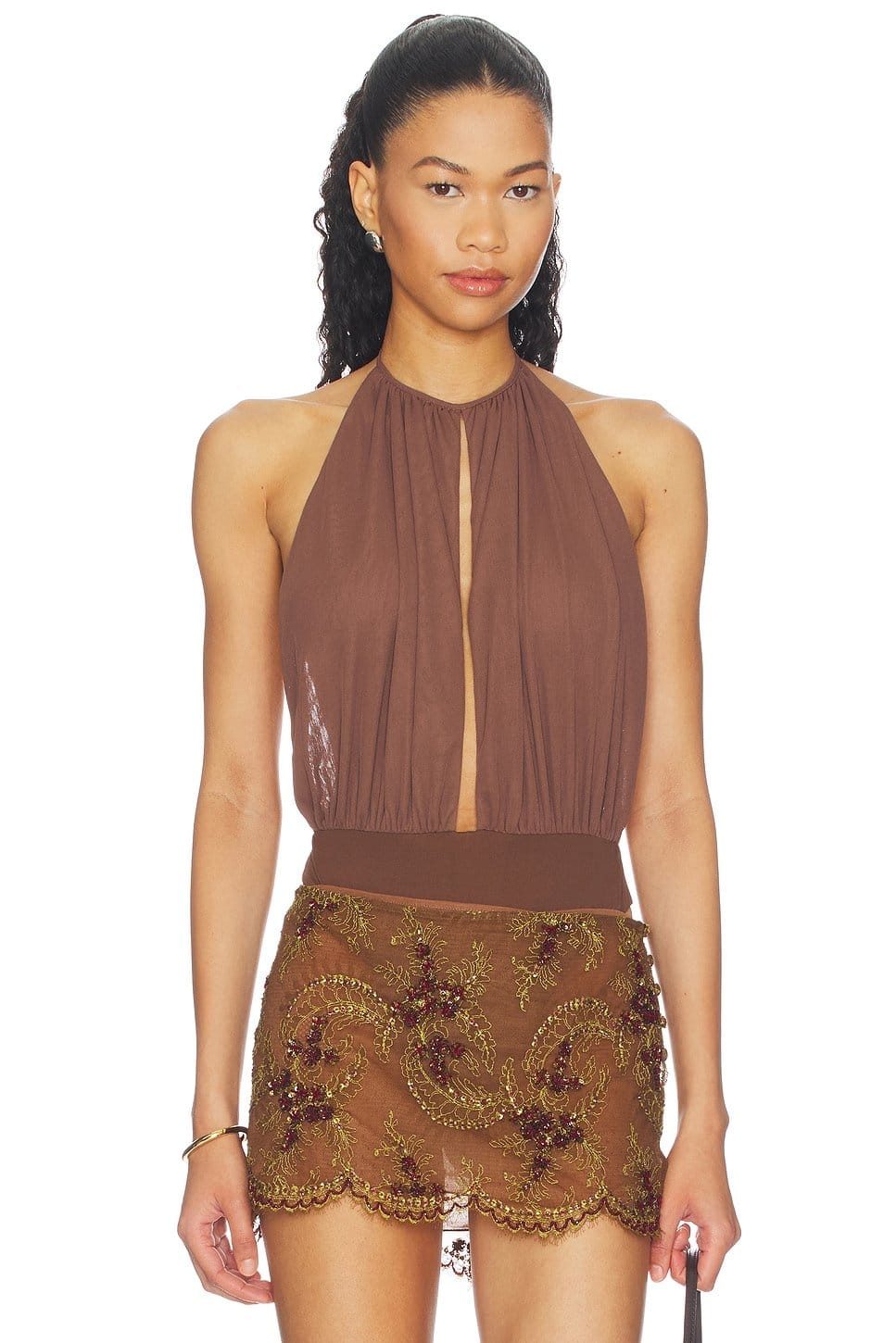 Revolve Chocolate Brown Halter Bodysuit