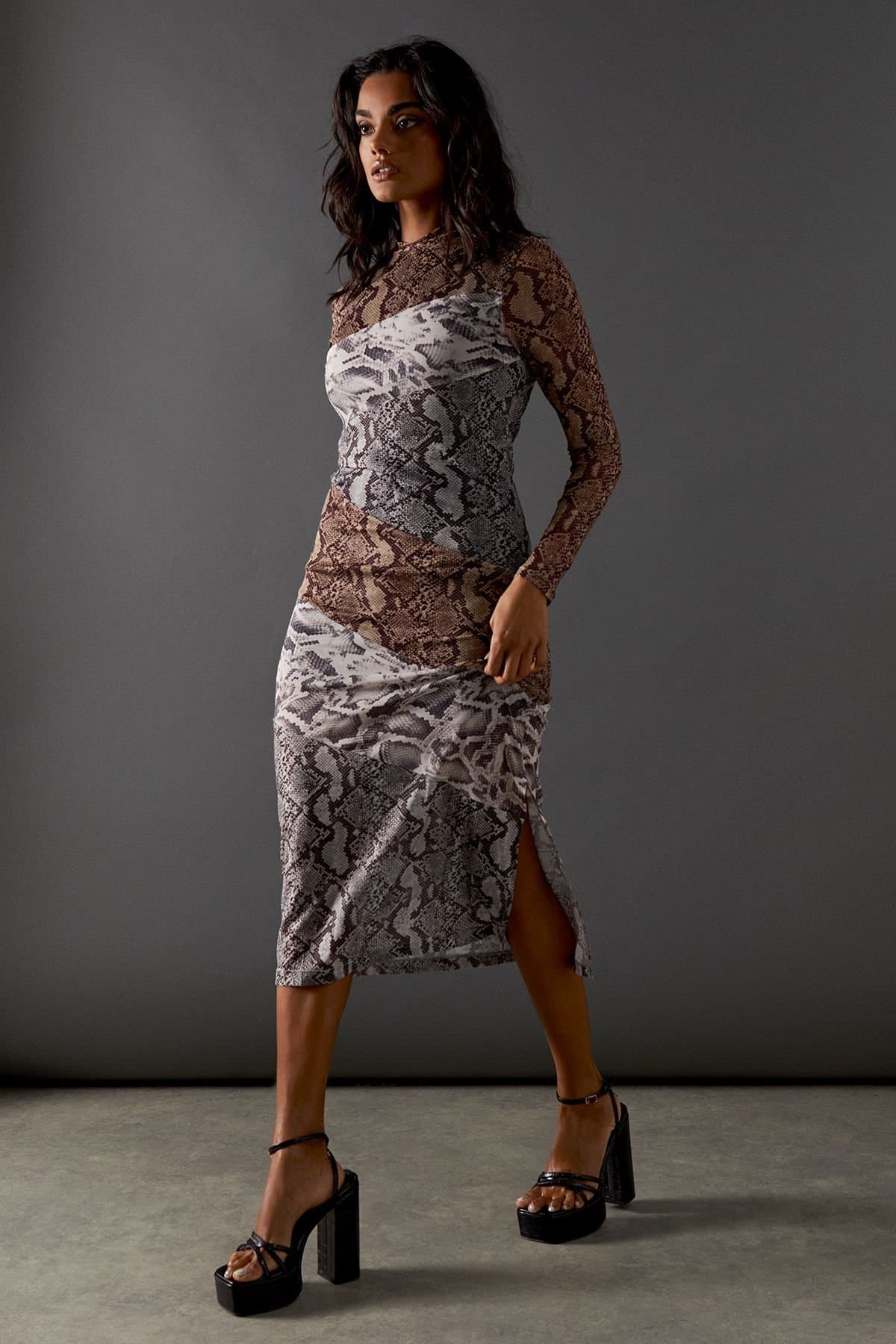 Warehouse Warehouse Women's Snake Panelled Print Mesh Midi Dress