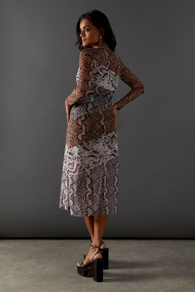 Warehouse Warehouse Women's Snake Panelled Print Mesh Midi Dress - 3