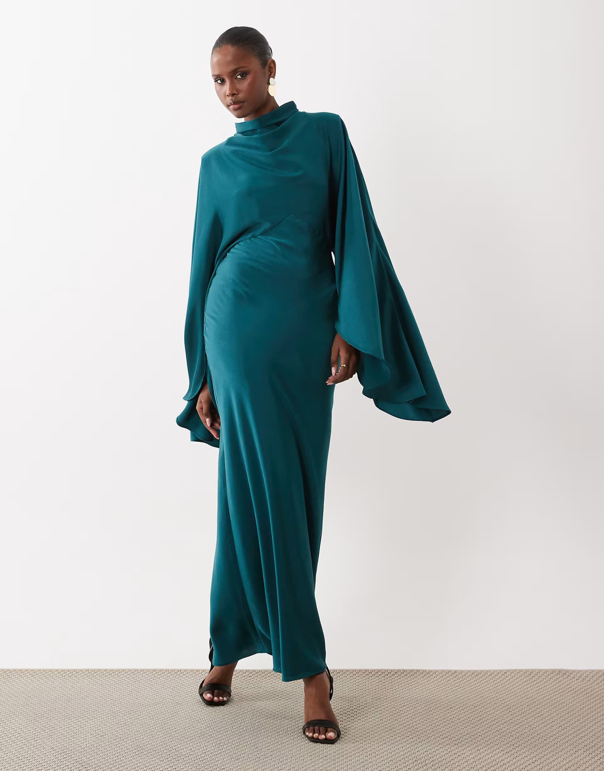 ASOS ASOS DESIGN funnel neck satin maxi dress with exaggerated sleeves in teal green