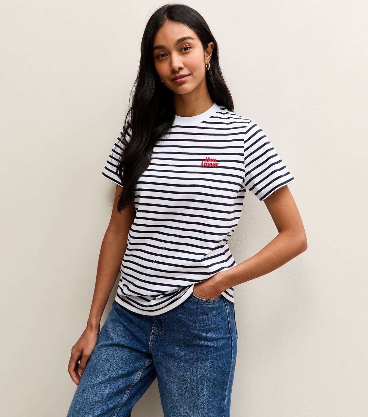 New Look Women's Navy Cotton Striped Mon Amour Logo T-Shirt New Look