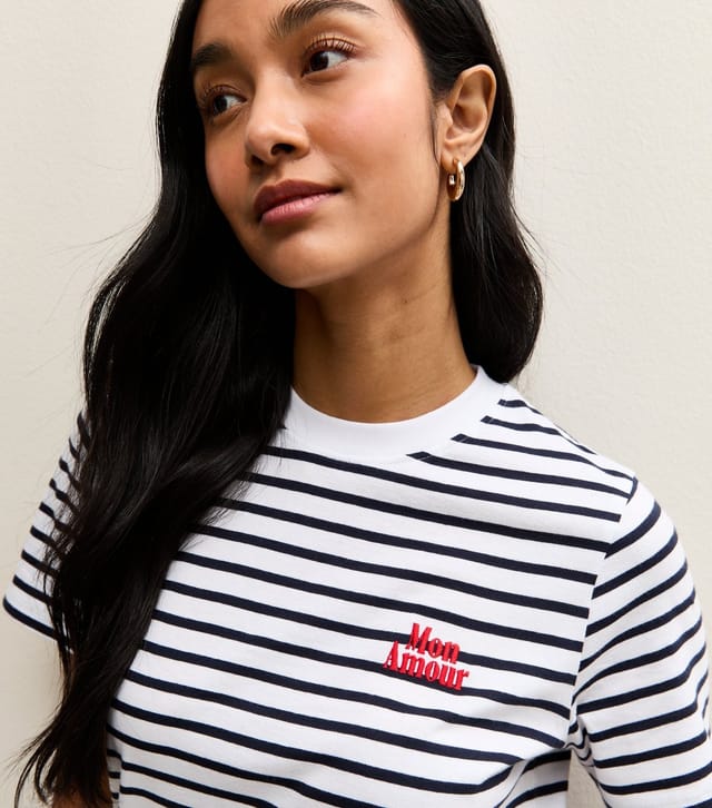 New Look Women's Navy Cotton Striped Mon Amour Logo T-Shirt New Look - 2