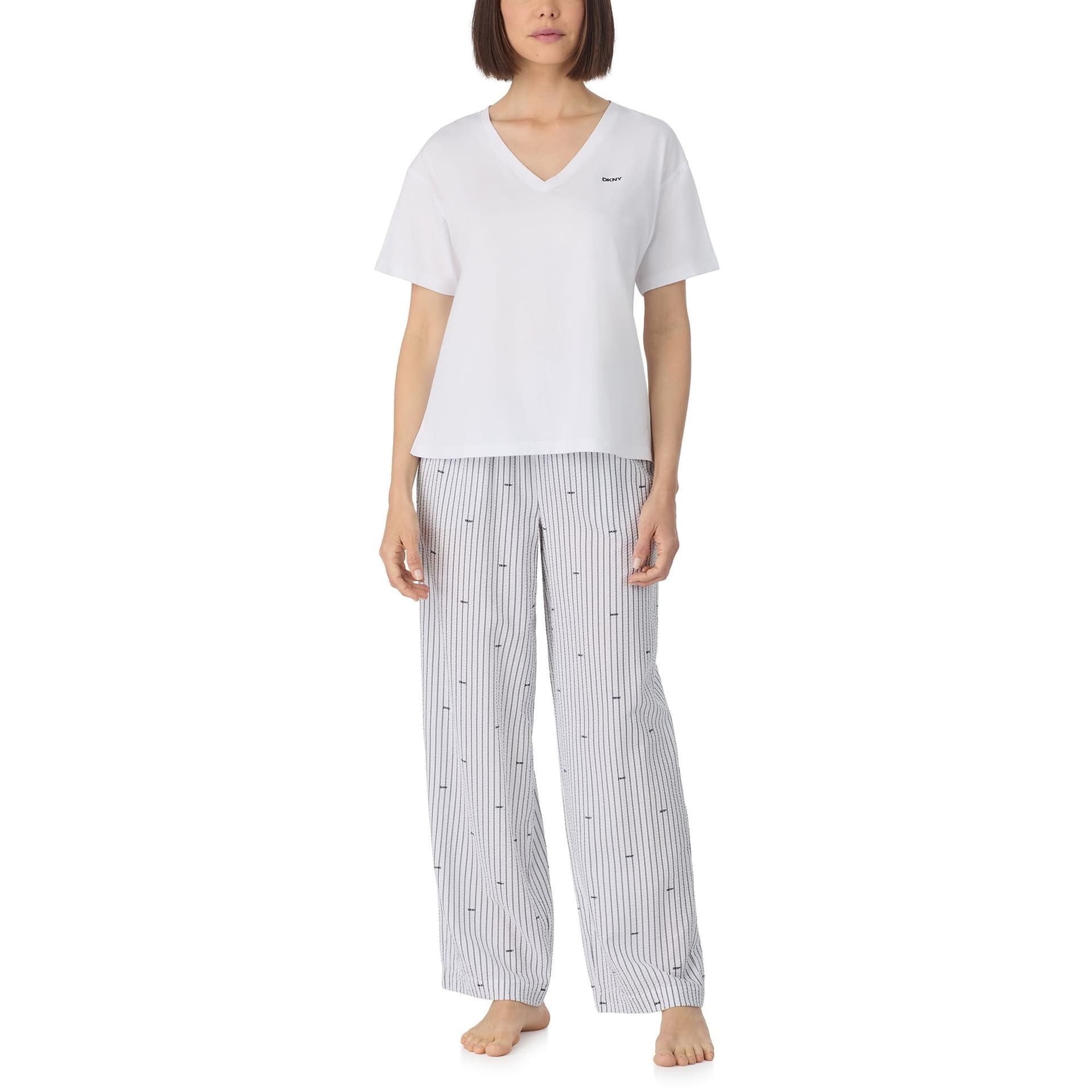 DKNY DKNY Women's Short sleeve top & pant sleep set in white & white logo stripe