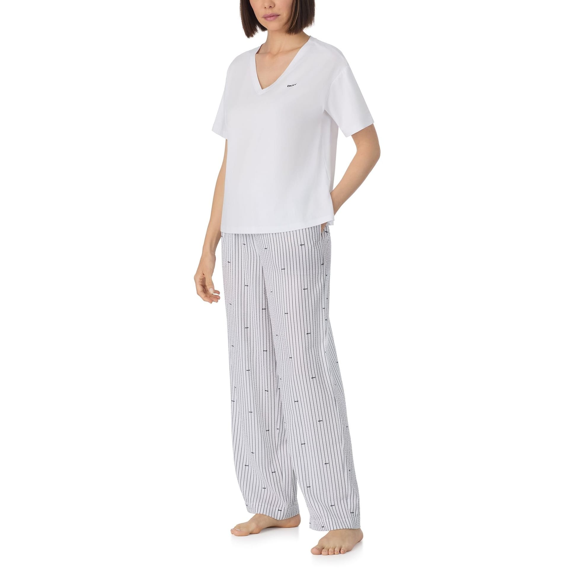 DKNY DKNY Women's Short sleeve top & pant sleep set in white & white logo stripe - 4