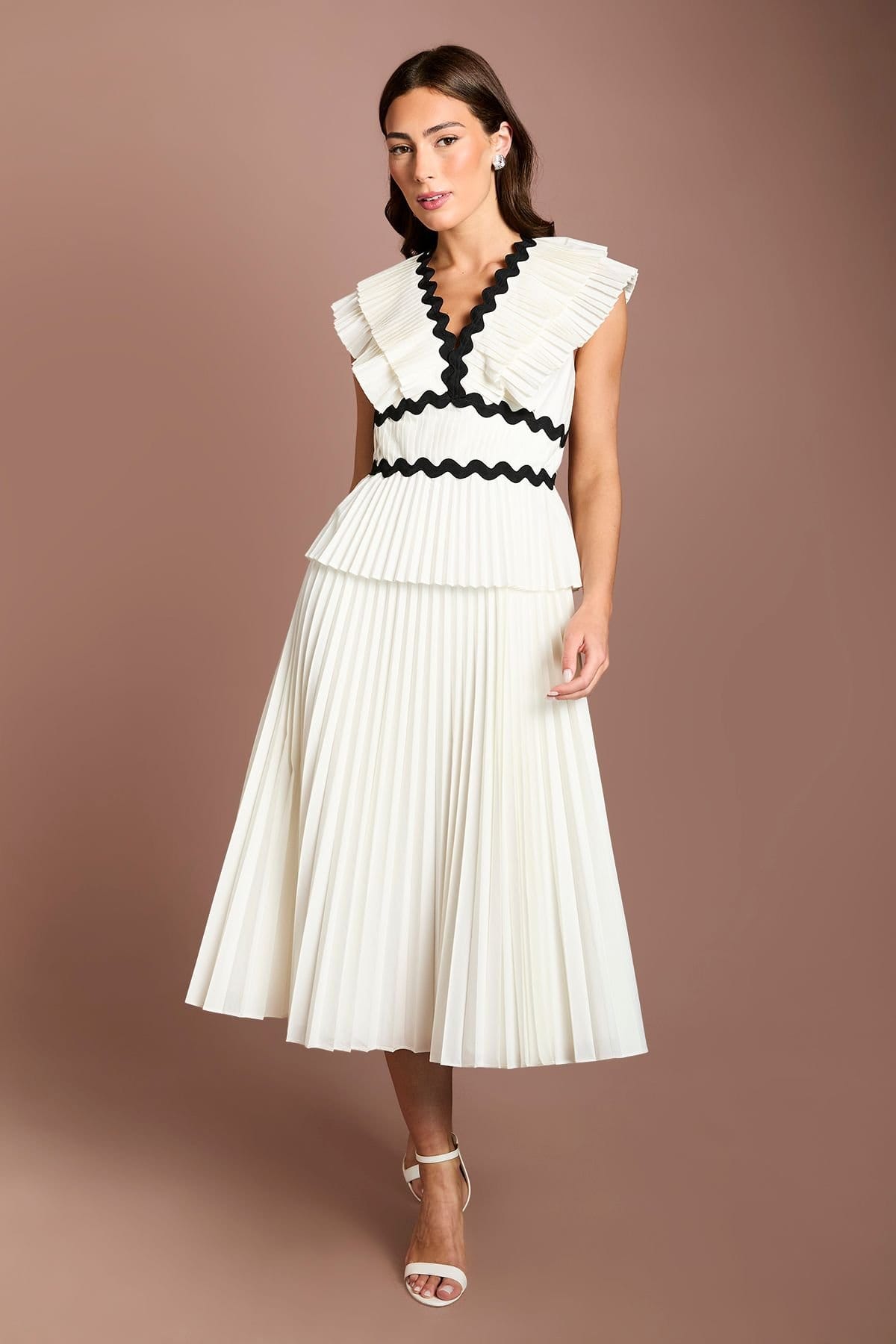 Coast Ivory Cotton Pleated Midi Dress with Ruffle Shoulders