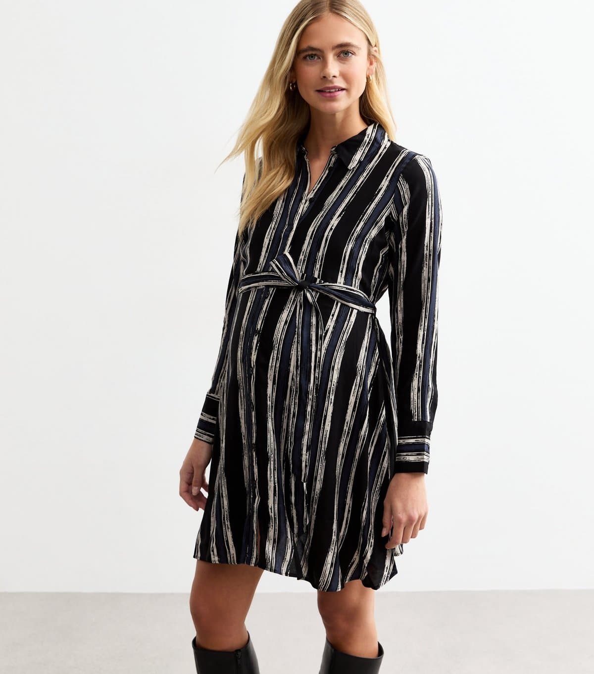 New Look New Look Black Striped Maternity Shirt Dress