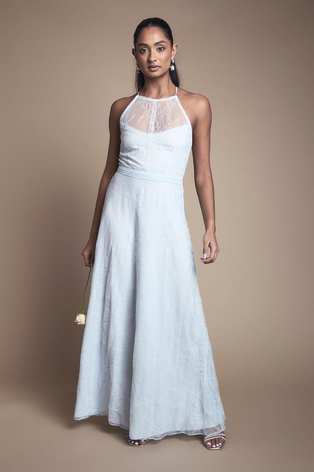 Oasis Oasis Women's Delicate Lace Apron Neck Maxi Bridesmaid Dress in Light Blue