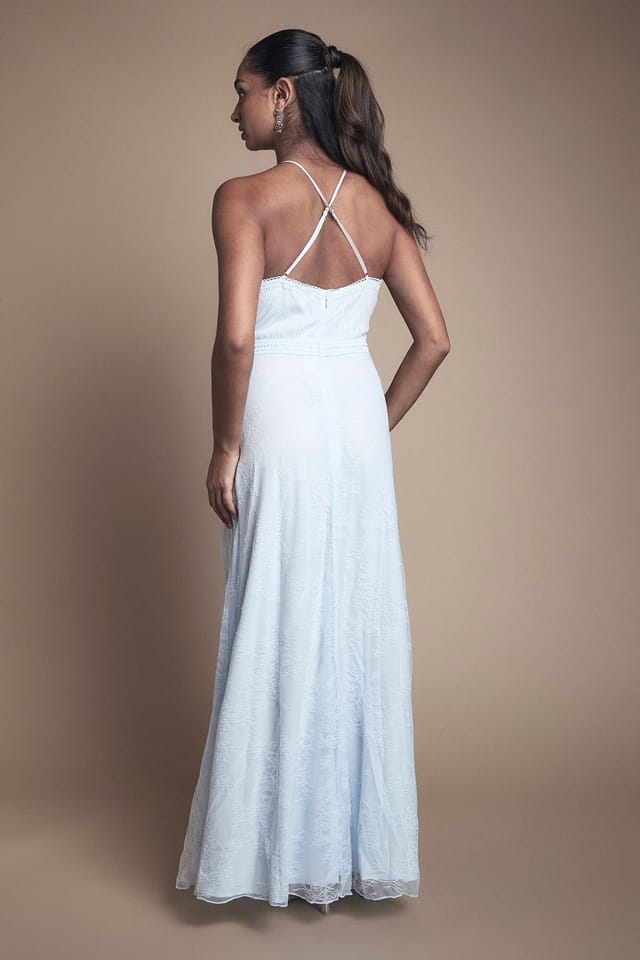 Oasis Oasis Women's Delicate Lace Apron Neck Maxi Bridesmaid Dress in Light Blue - 3