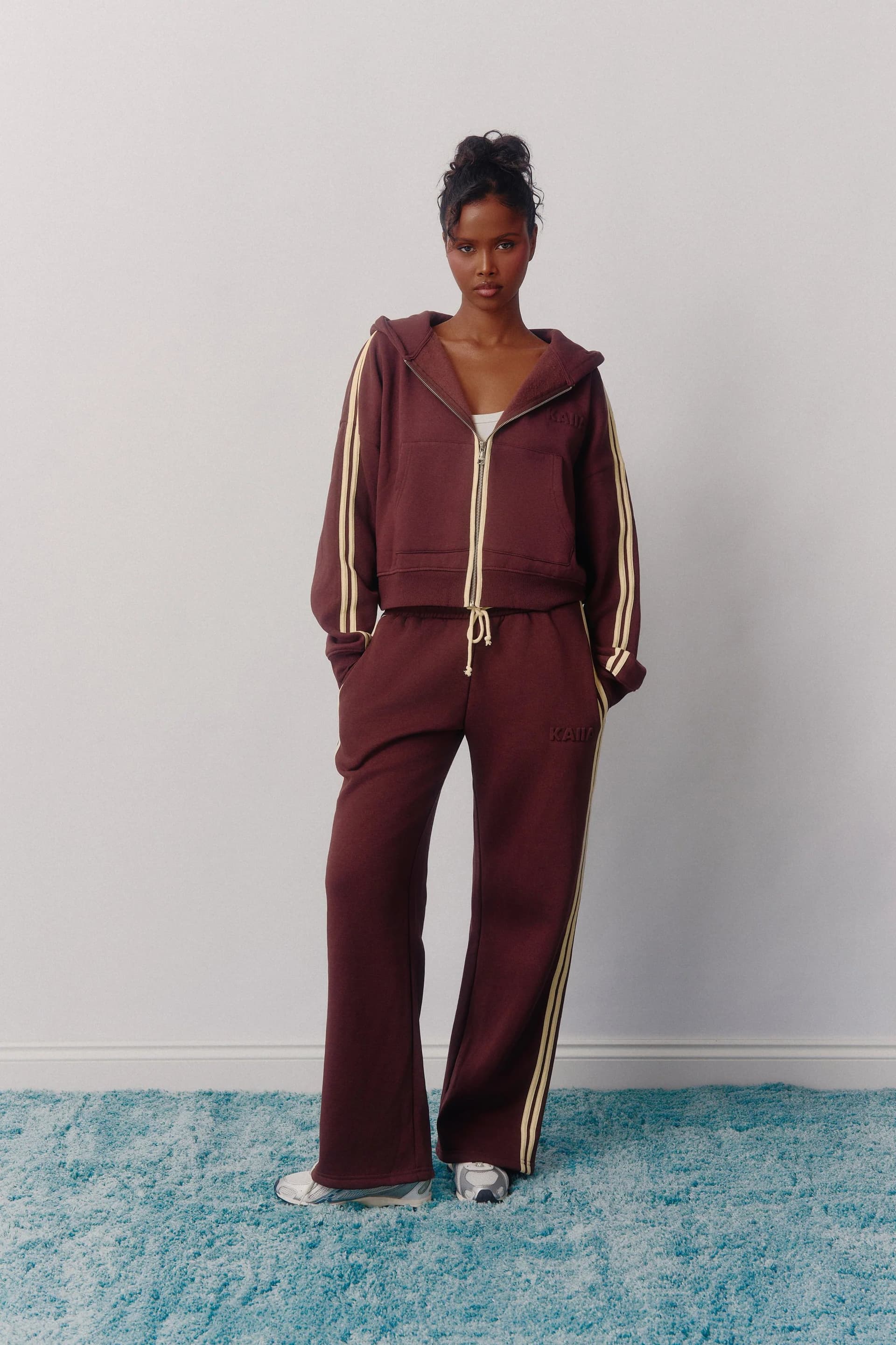 Kaiia Kaiia Logo Side Stripe Wide Leg Joggers Mocha Brown & Lemon