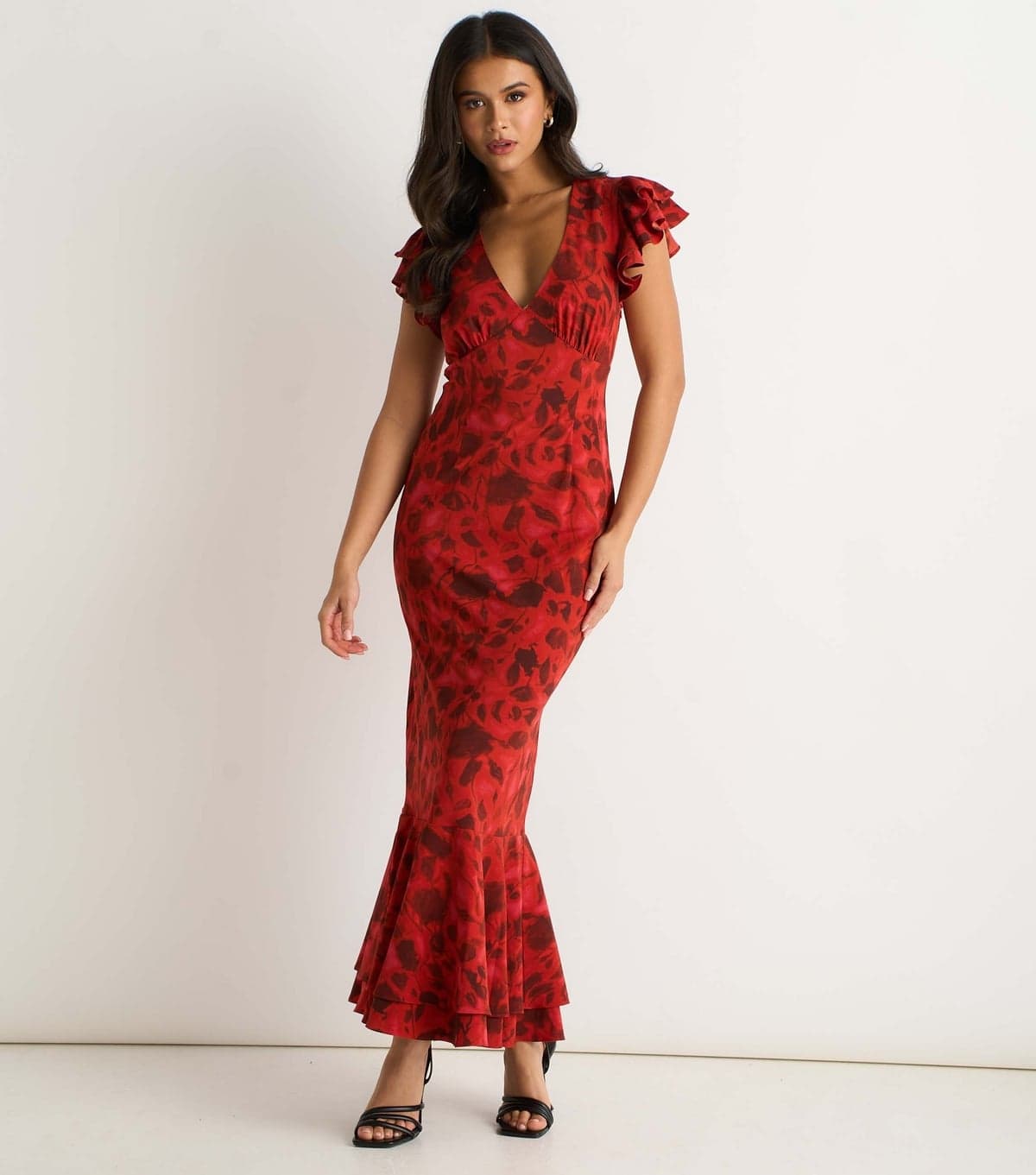 Gini London Women's Red Floral Print Ruffle Maxi Dress Gini London New Look