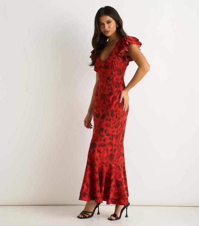 Gini London Women's Red Floral Print Ruffle Maxi Dress Gini London New Look - 3
