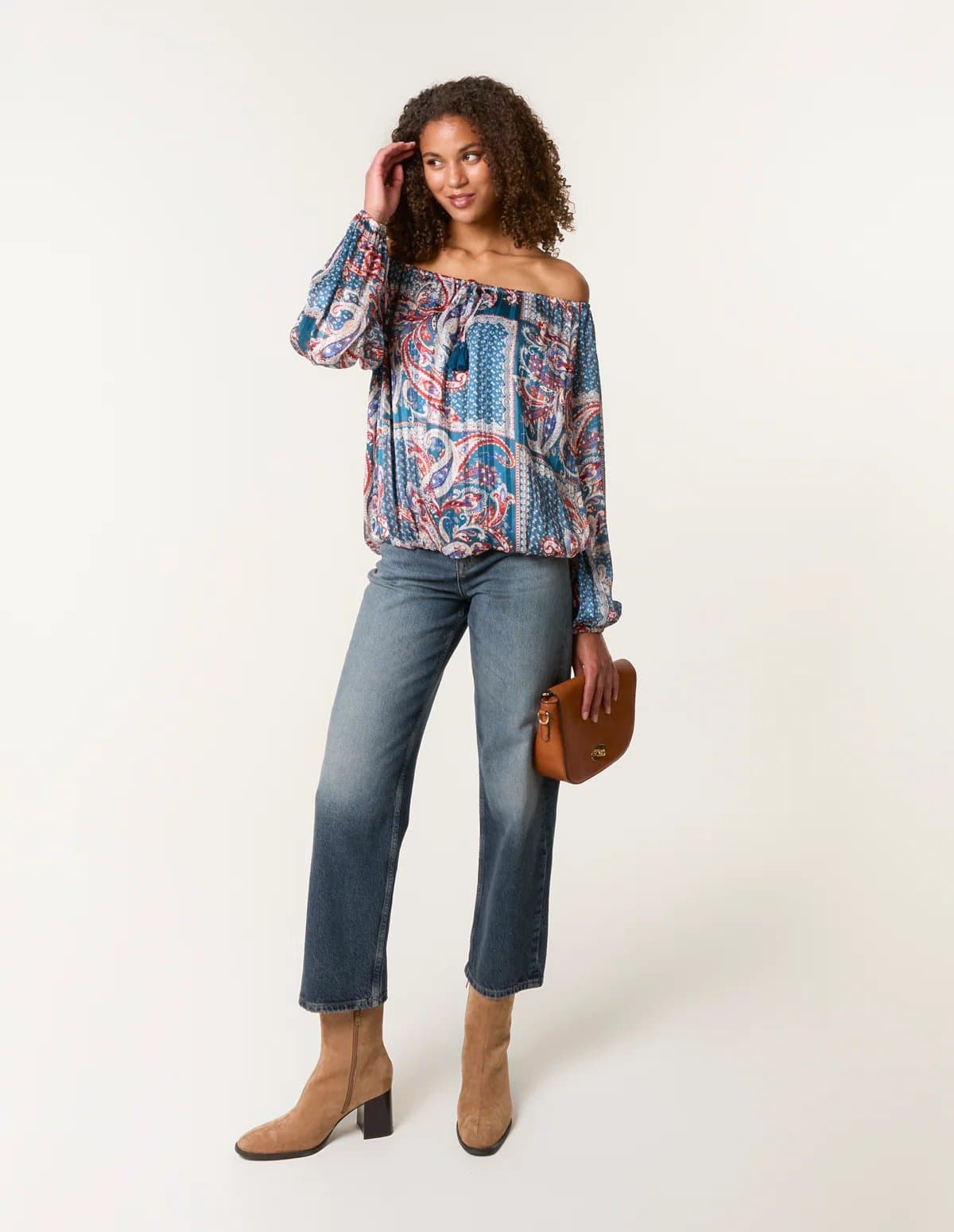 Blue Vanilla Paisley Printed Bardot Puff Ball Blouse
