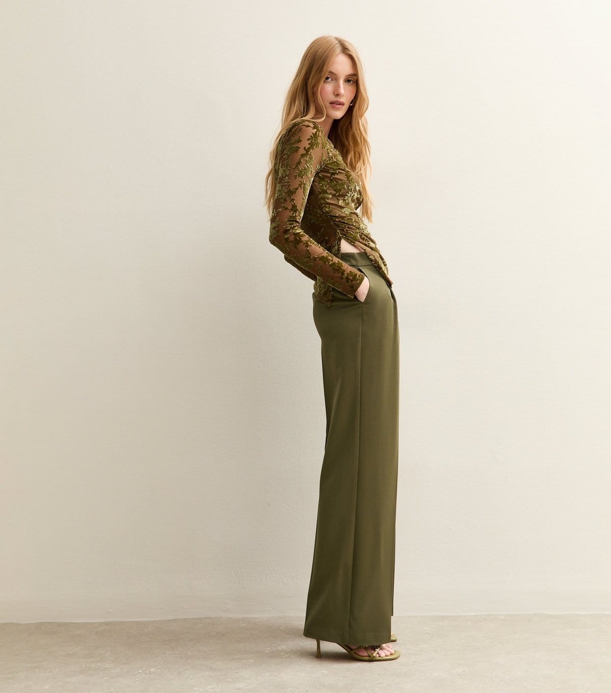 New Look Khaki Pleated Front Wide Leg Trousers